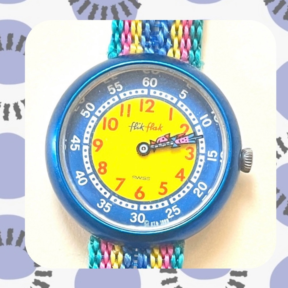 🎉rare!🎉 1980s Flik Flak Swiss water resistant multicolor funky abstract watch